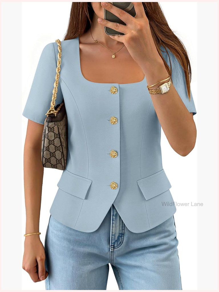 Square Neck Short Sleeve Crop Blazer Vest Top Button Down Casual Work